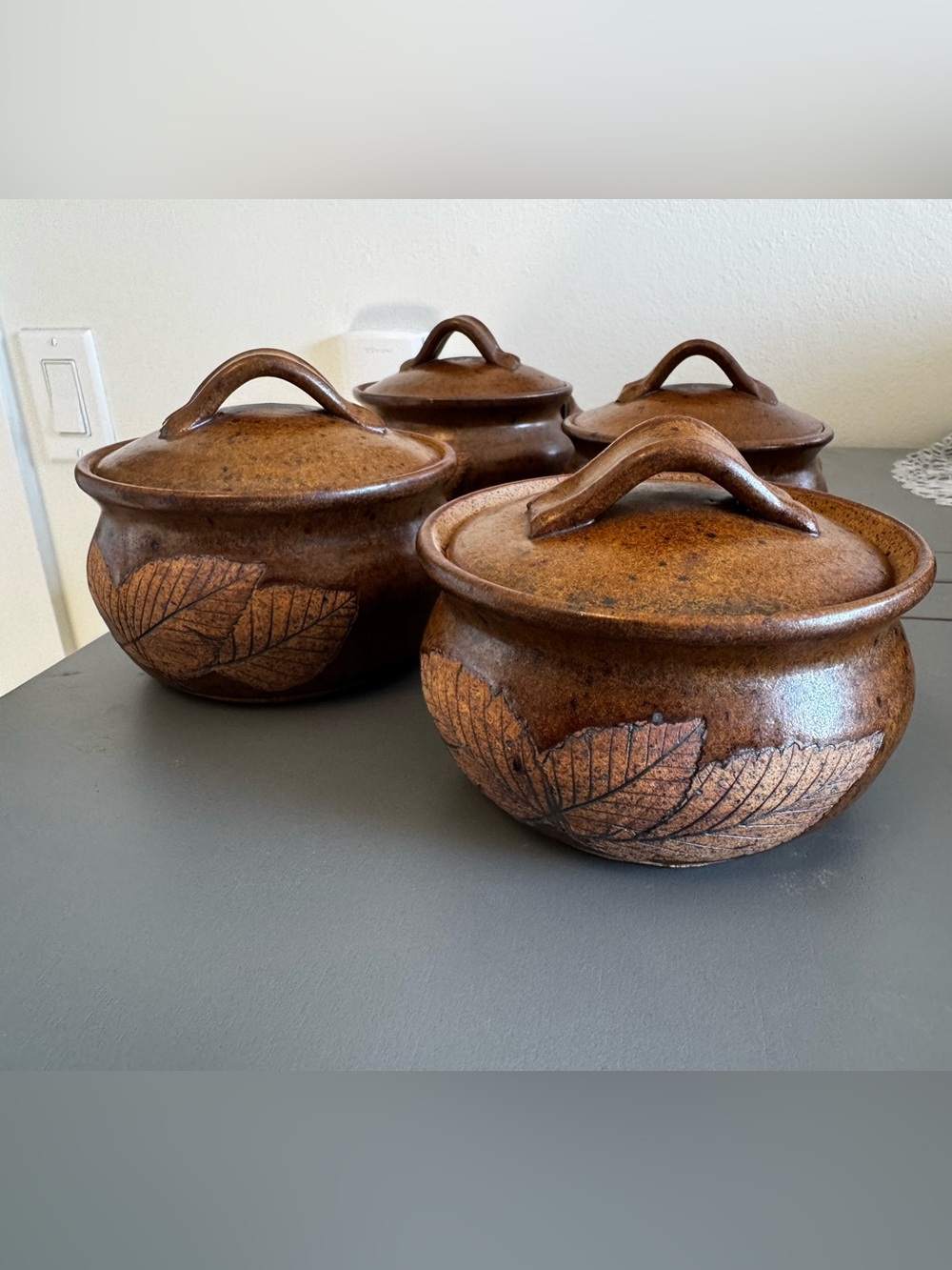 Handcrafted Brown Glazed Ceramic Lidded Bowls with Leaf Motif - Set of 4
